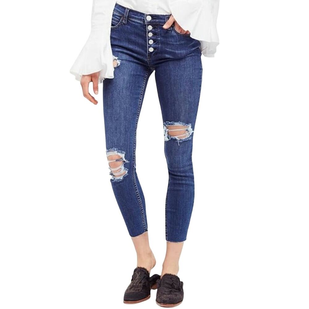 Free People Fly Button Women's Skinny Distressed Jeans Size 26 Casual Preppy